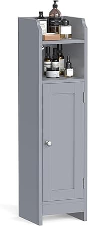 VASAGLE Armario de Baño Estrecho, Mueble para Baño con Repisas Ajustables y Puer