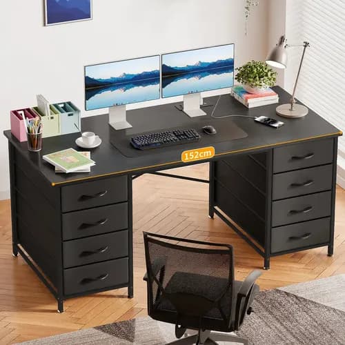Escritorio KIXTLA con 8 Cajones y Carga USB para Oficina o Gaming, Negro