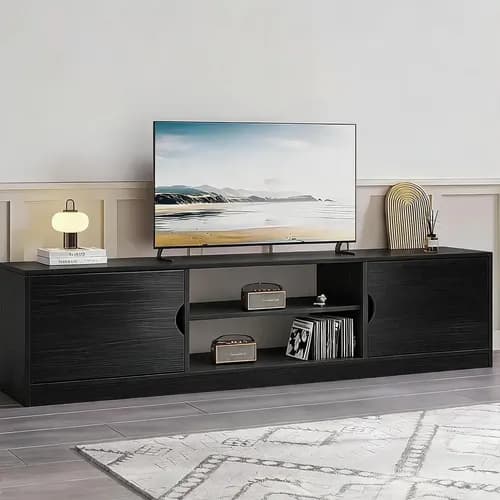 Mueble para TV Moderno de 75 Pulgadas con 2 Cajones y Cubículo, Rack de Entretenimiento para Sala o Recámara Negro
