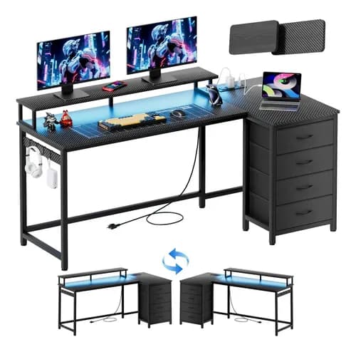 Escritorio Gamer KIXTLA en L con 4 Cajones, Luces LED y Puerto USB