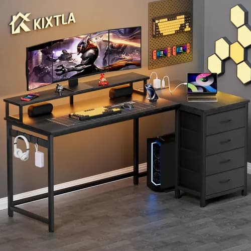 Escritorio Reversible Forma De L Con 4 Cajones Y Luces Led KIXTLA 140*76*88cm Escritorio Oficina Moderno Adecuado Para E