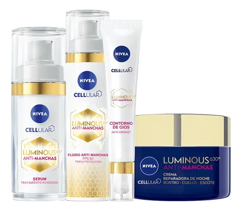 NIVEA Rutina Facial Luminous 630° Antimanchas con Ácido Hialurónico (4 Piezas) Suero, Fluido con Protector Solar FPS50,