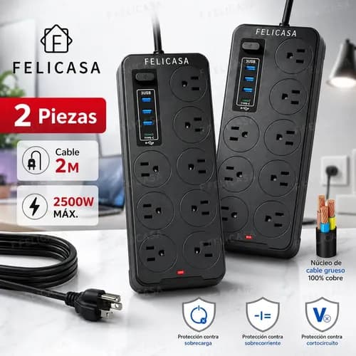 F Felicasa 2 Piezas Multicontactos Usb 2500w Cable De Cobre De 2 Metros Con 8 Salidas+3 Usb+1 Tipo C 10a 110v-220v Cable