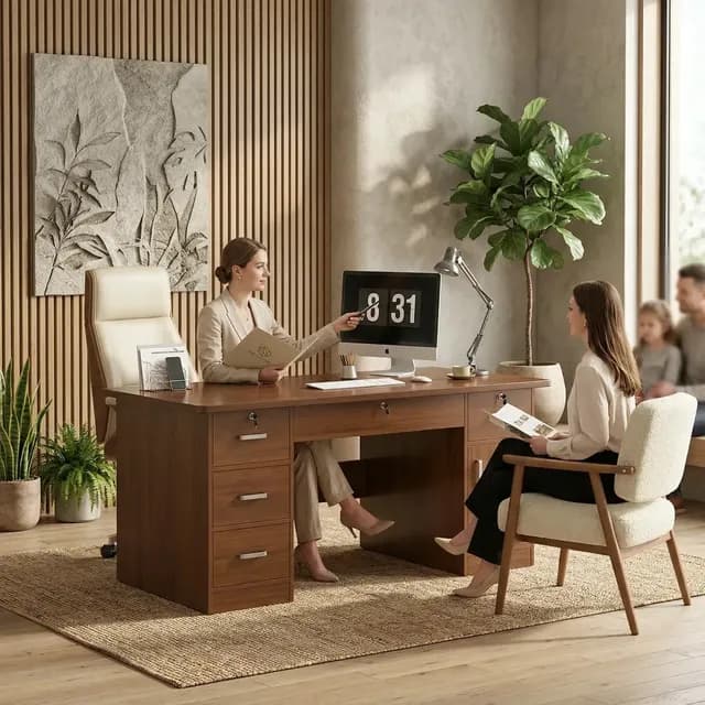 Mesa De Reunión De Madera 120cm Con 5 Cajones Para Oficina Marrón
