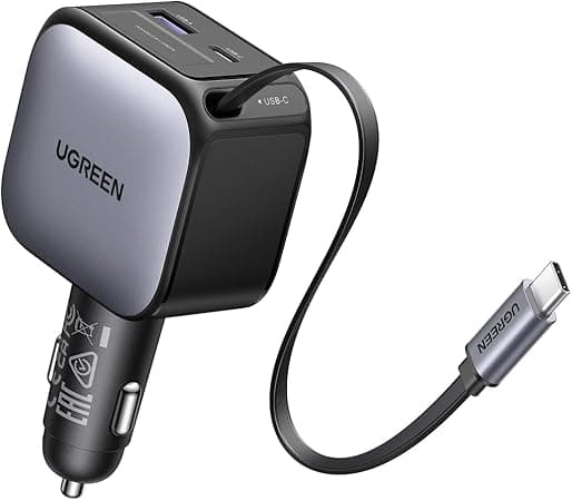 UGREEN 3 en 1 Cargador para Auto 90W con Cable Retráctil USB C 60W, Adaptador de