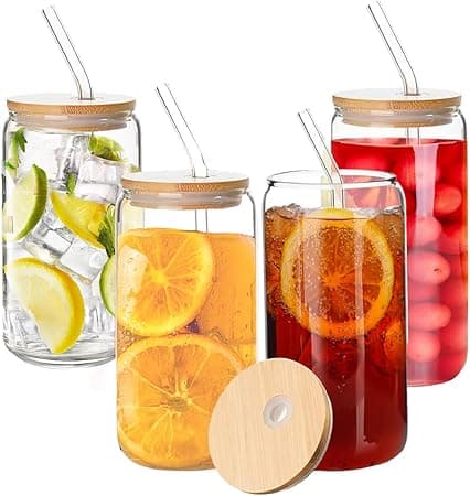 SELECTSHOP Set De 4 Vaso Tipo Lata De Vidrio Con Tapas Popotes De Vidrio Y Cepil