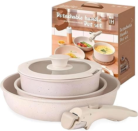 Juego de 5 piezas Sartenes y Olla de Cerámica Antiadherente con Mango Removible,