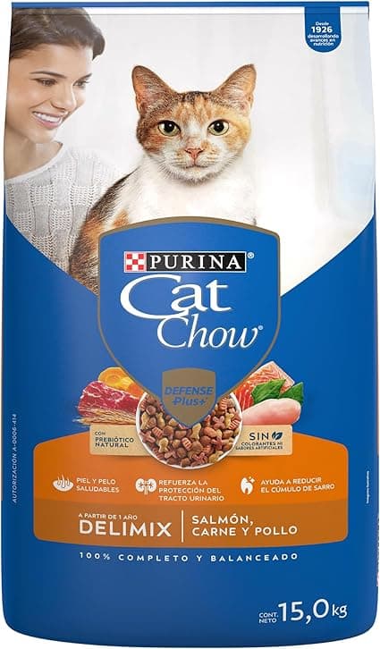 Purina Cat Chow Adulto Delimix Todos los Tamaños Sabor Salmón, Carne y Pollo 15K