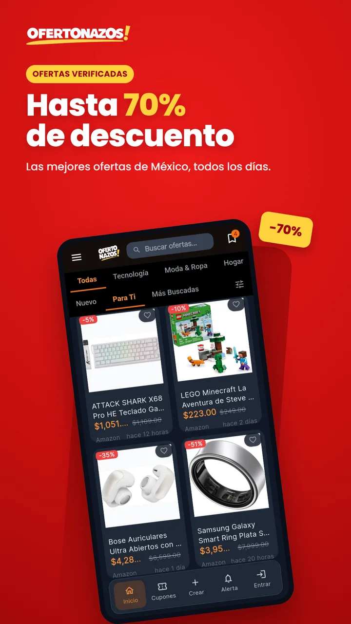 Feed de ofertas con hasta 70% de descuento
